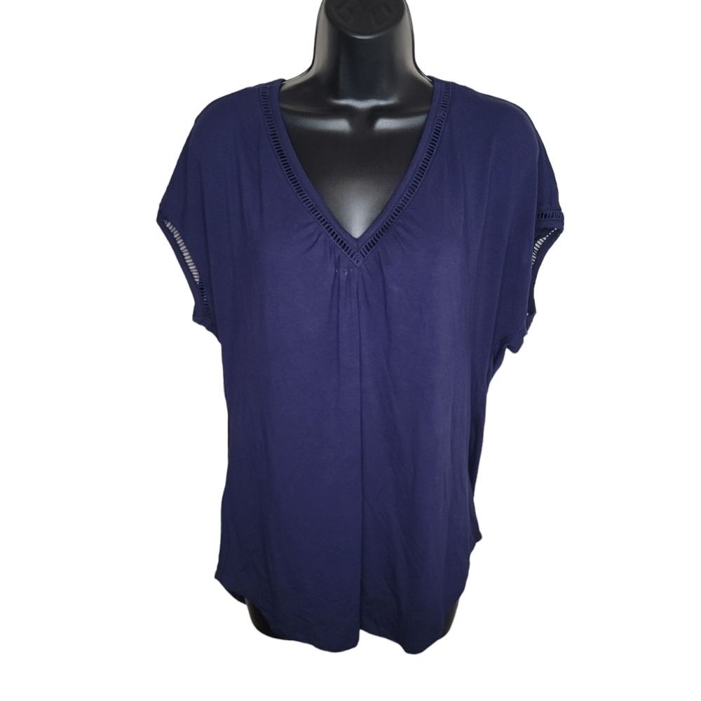Meadow Rue Anthropologie navy blue Swiss dot t-shirt top size Small